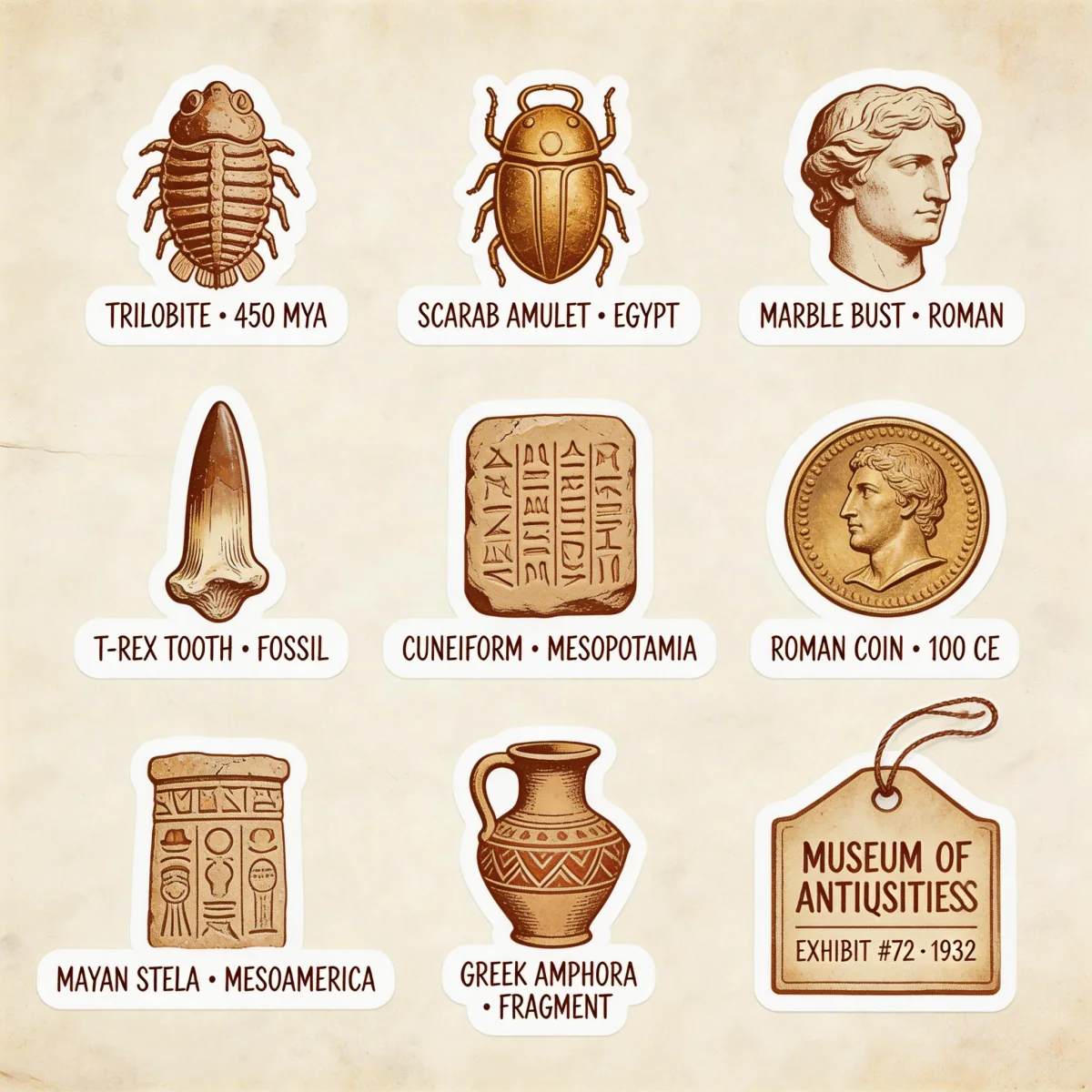 Vintage museum-themed handbook stickers, featuring ancient artifacts, fossils, sculptures, and other elements, exquisitely captured in retro tones, illuminated by sepia, rust, and aged gold hues, full of cultural atmosphere. These stickers use the eclectic charm of museum artifacts, transforming them into designs suitable for journaling enthusiasts and culture lovers. A retro color palette and nostalgic essence, combined with grainy textures, capture the passage of time, echoing the artifacts depicted. Multi-layered stickers and collage elements surround the composition. Sticker borders feature bright white, dopamine-style aesthetics, high resolution, and a hand-drawn feel.
